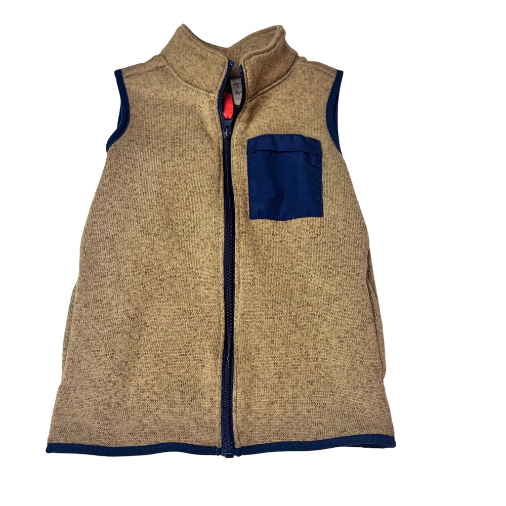 Boys Sweater Fleece Vest Tan Marled Navy Blue Full Zip‎ Size 6 Preppy woodland